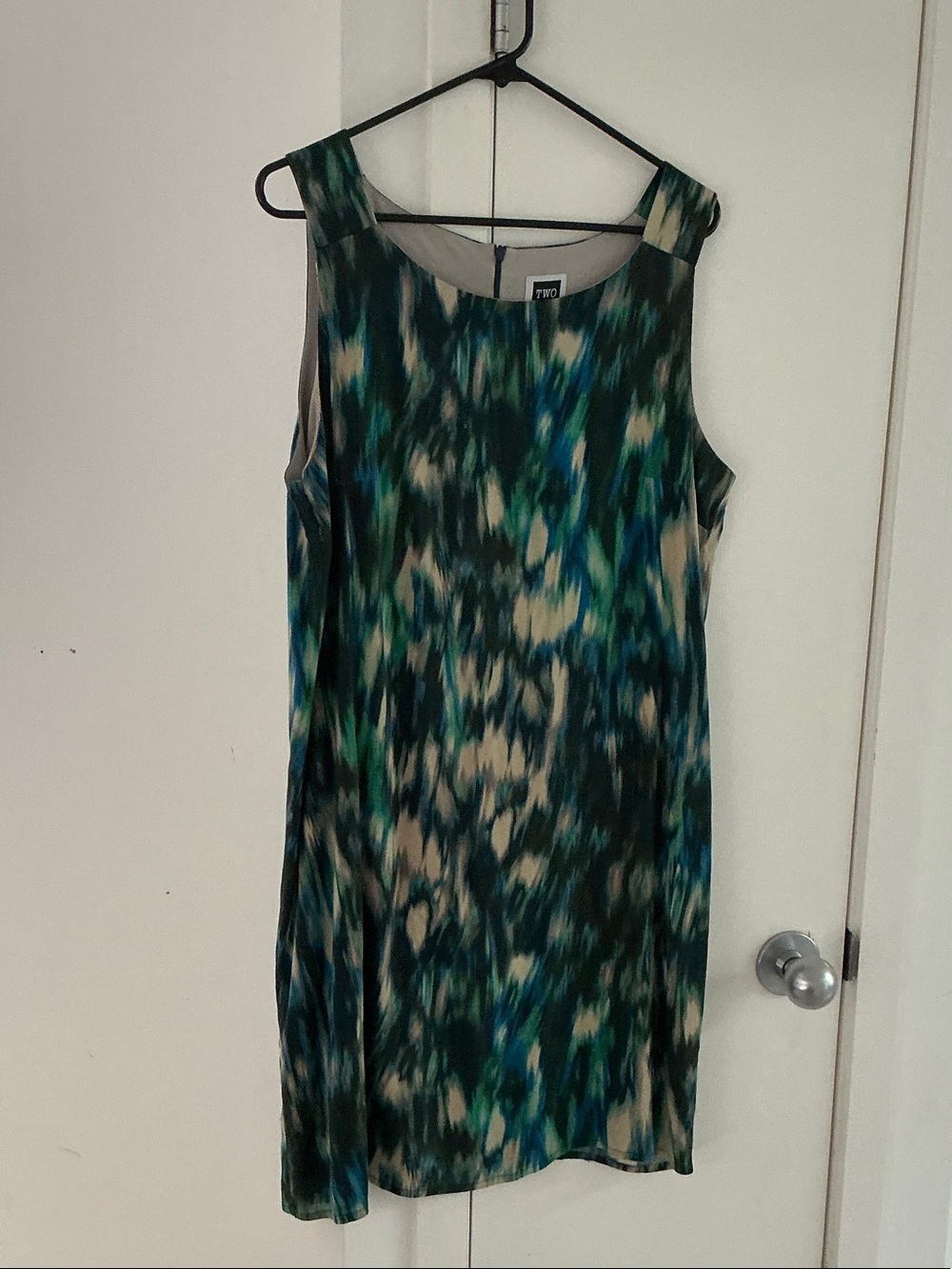 Ronen Chen Sleeveless Midi Dress in Green, Teal & Cream Abstract Print